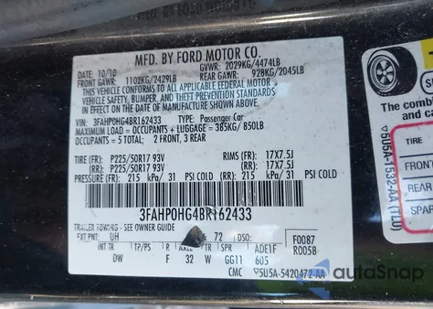 2011 Ford Fusion Se из США, поврежденный, VIN 3FAHP0HG4BR162433